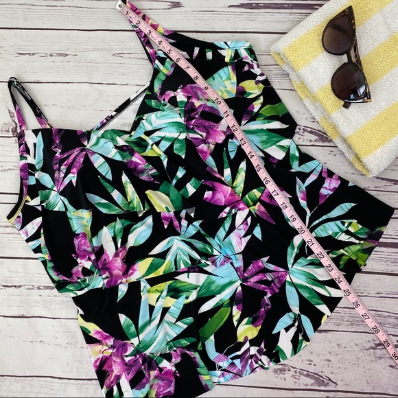 Aqua Green Tiered Leaf Print Tankini Top - Picture 5 of 8